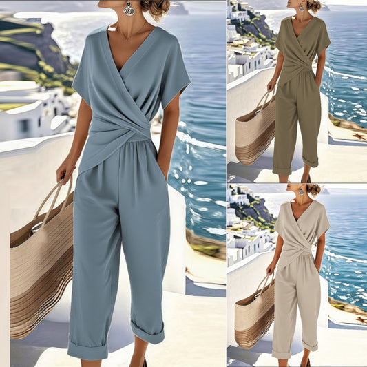 Ensemble Élégant – Haut Plissé Col V et Pantalon Moderne