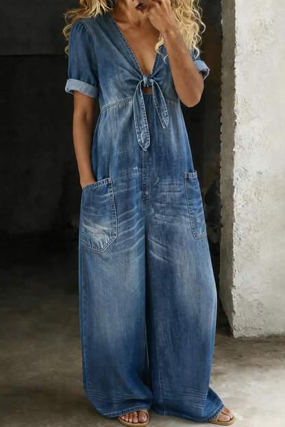 Vionne – décolleté en V à nouer en jean – salopette