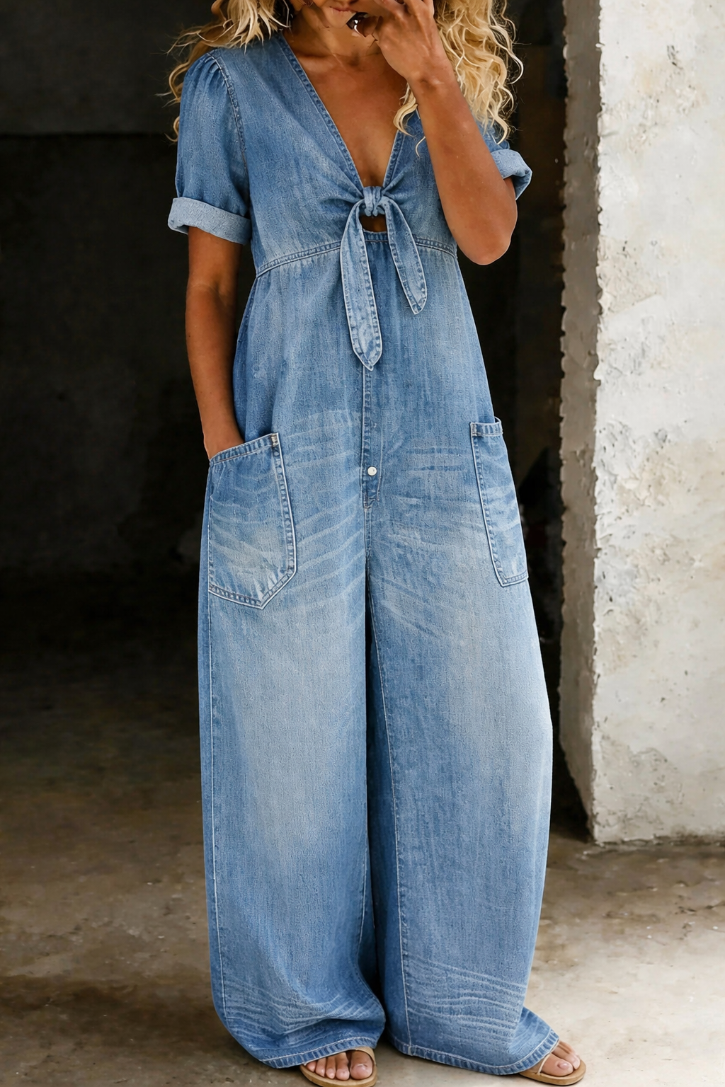 Vionne – décolleté en V à nouer en jean – salopette