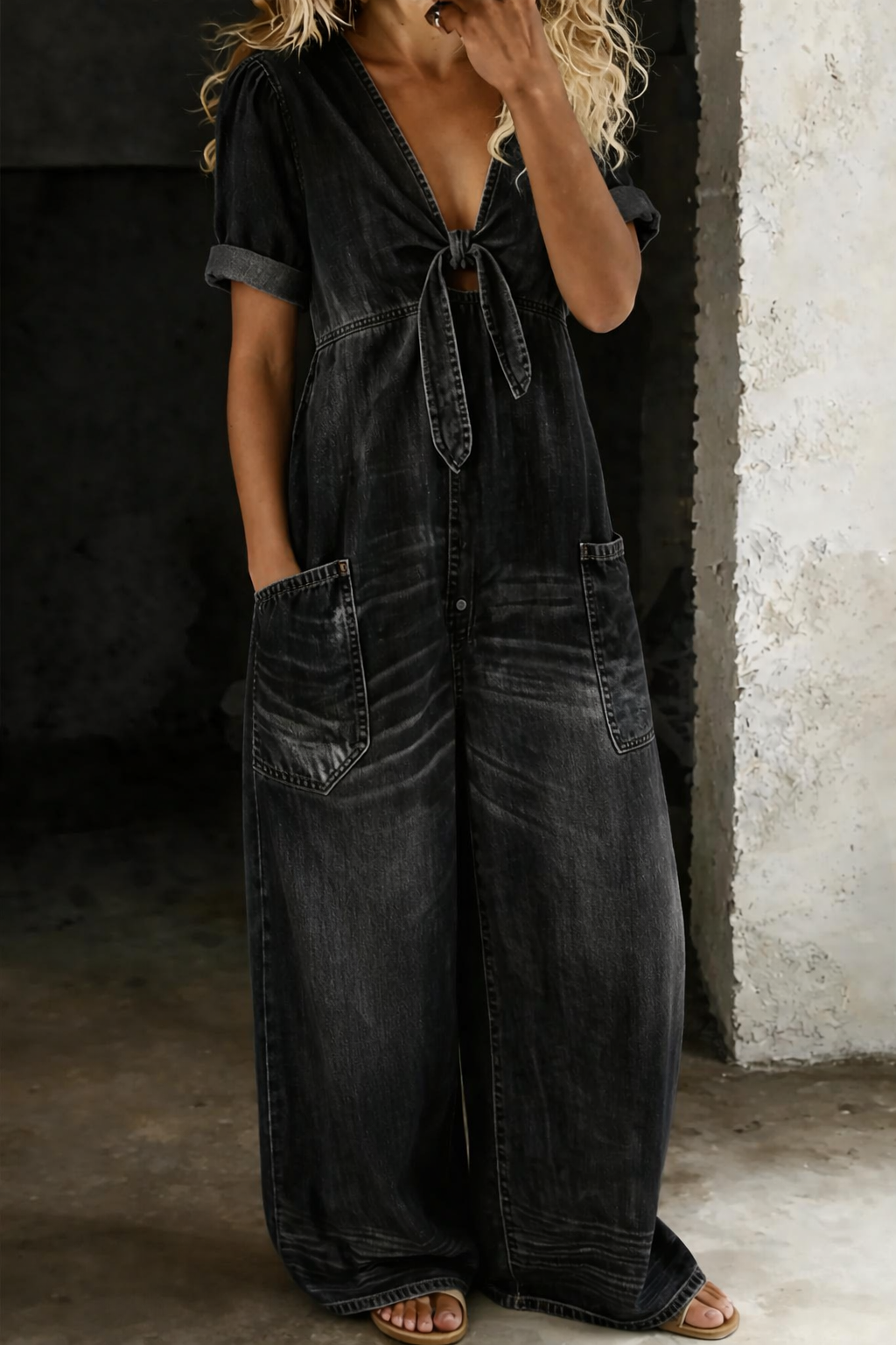 Vionne – décolleté en V à nouer en jean – salopette