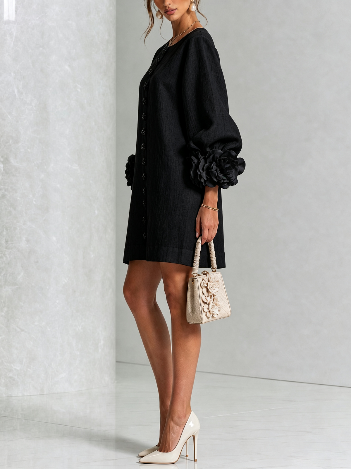 Rilane – Robe-chemise en lin mélangé à manches ornées de rosettes