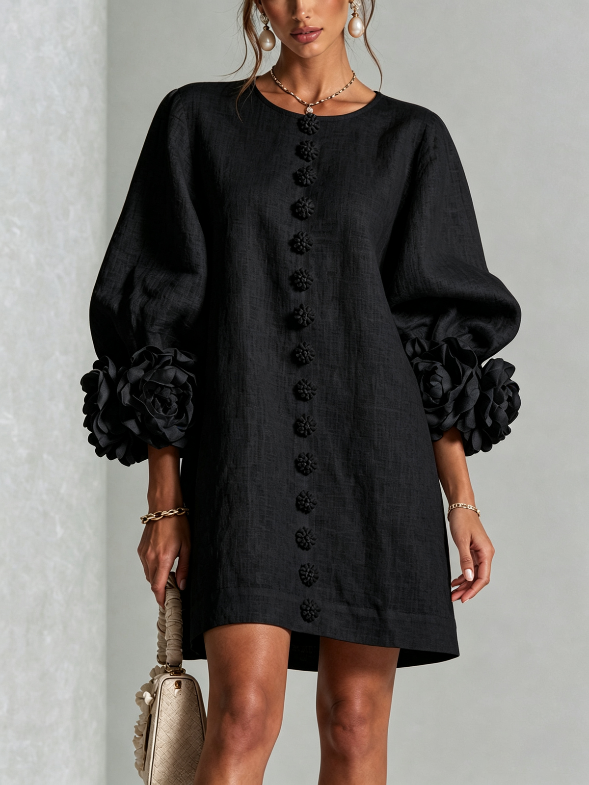 Rilane – Robe-chemise en lin mélangé à manches ornées de rosettes