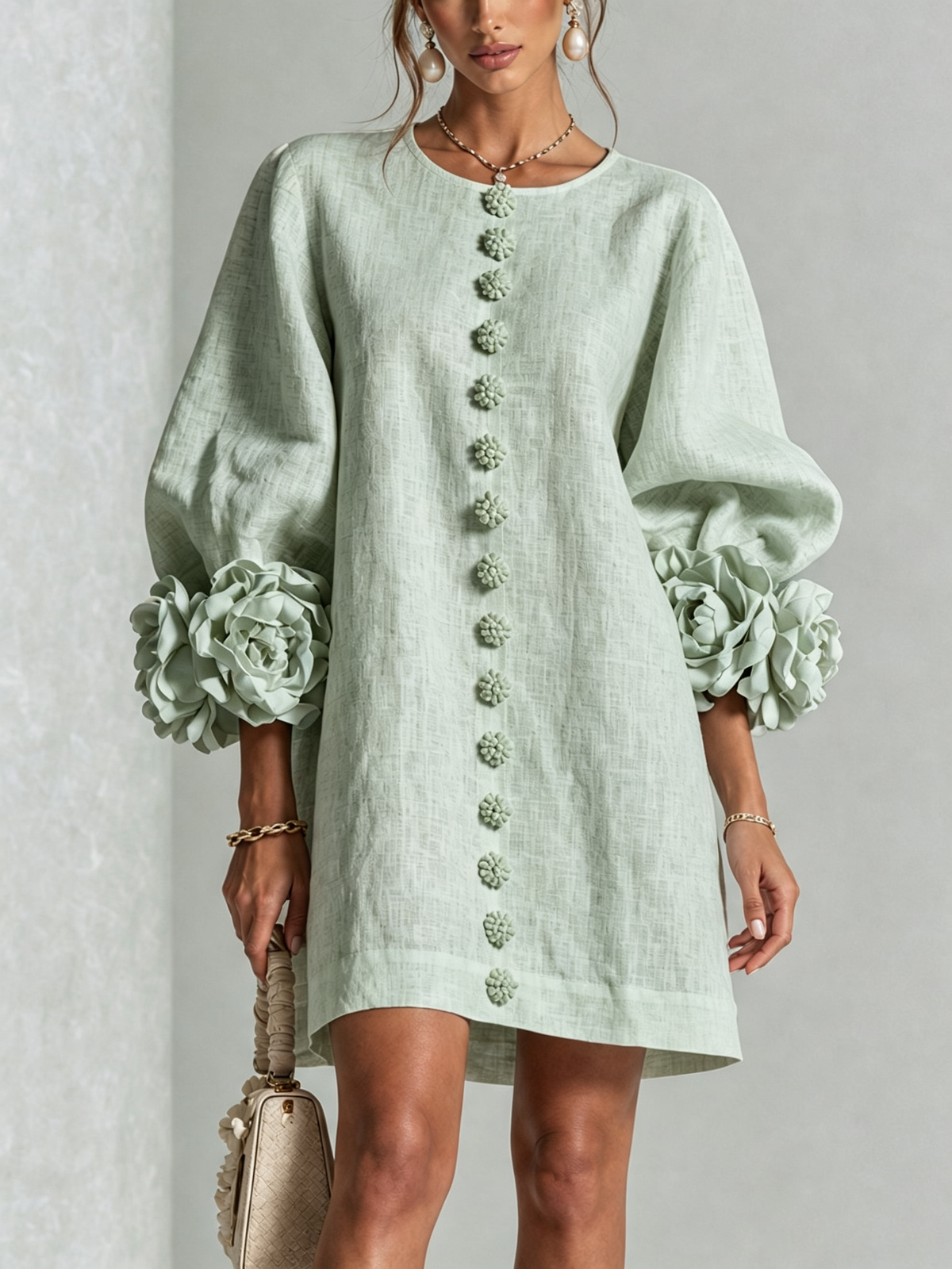 Rilane – Robe-chemise en lin mélangé à manches ornées de rosettes