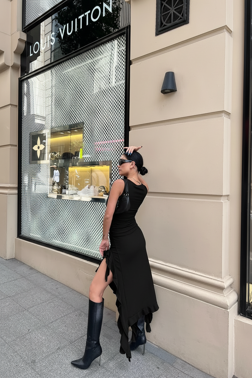 Robe Noire Élégante avec Fente Haute